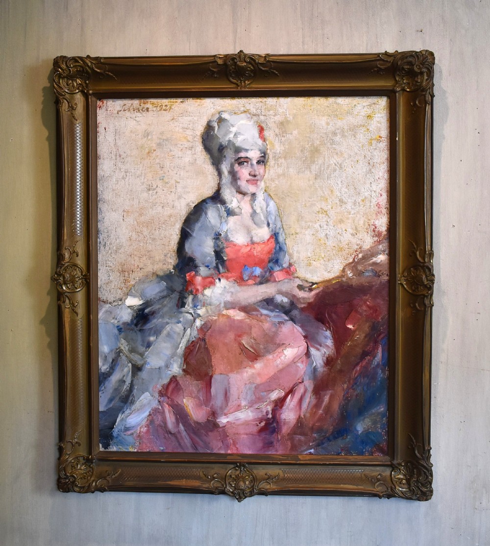 An impressionist oil portrait of a woman in an eighteenth-century costume and wig within an ornate gold giltwood frame.