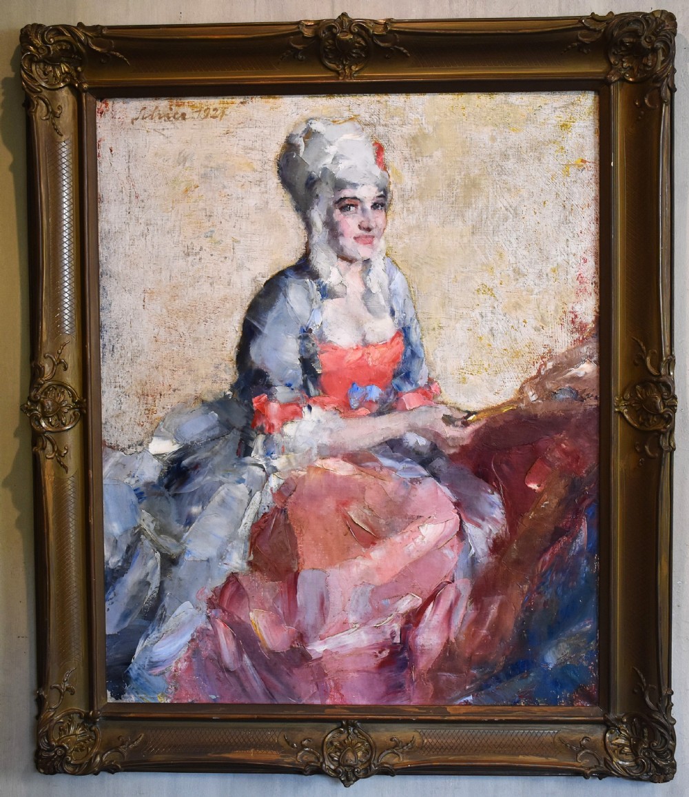 An impressionist oil portrait of a woman in an eighteenth-century costume and wig within an ornate gold giltwood frame. View II