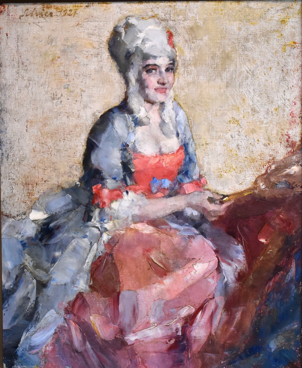 An impressionist oil portrait of a woman in an eighteenth-century costume and wig within an ornate gold giltwood frame. View III