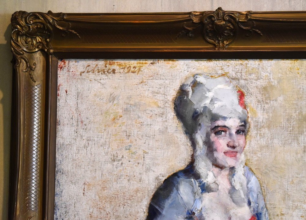 An impressionist oil portrait of a woman in an eighteenth-century costume and wig within an ornate gold giltwood frame. View IV