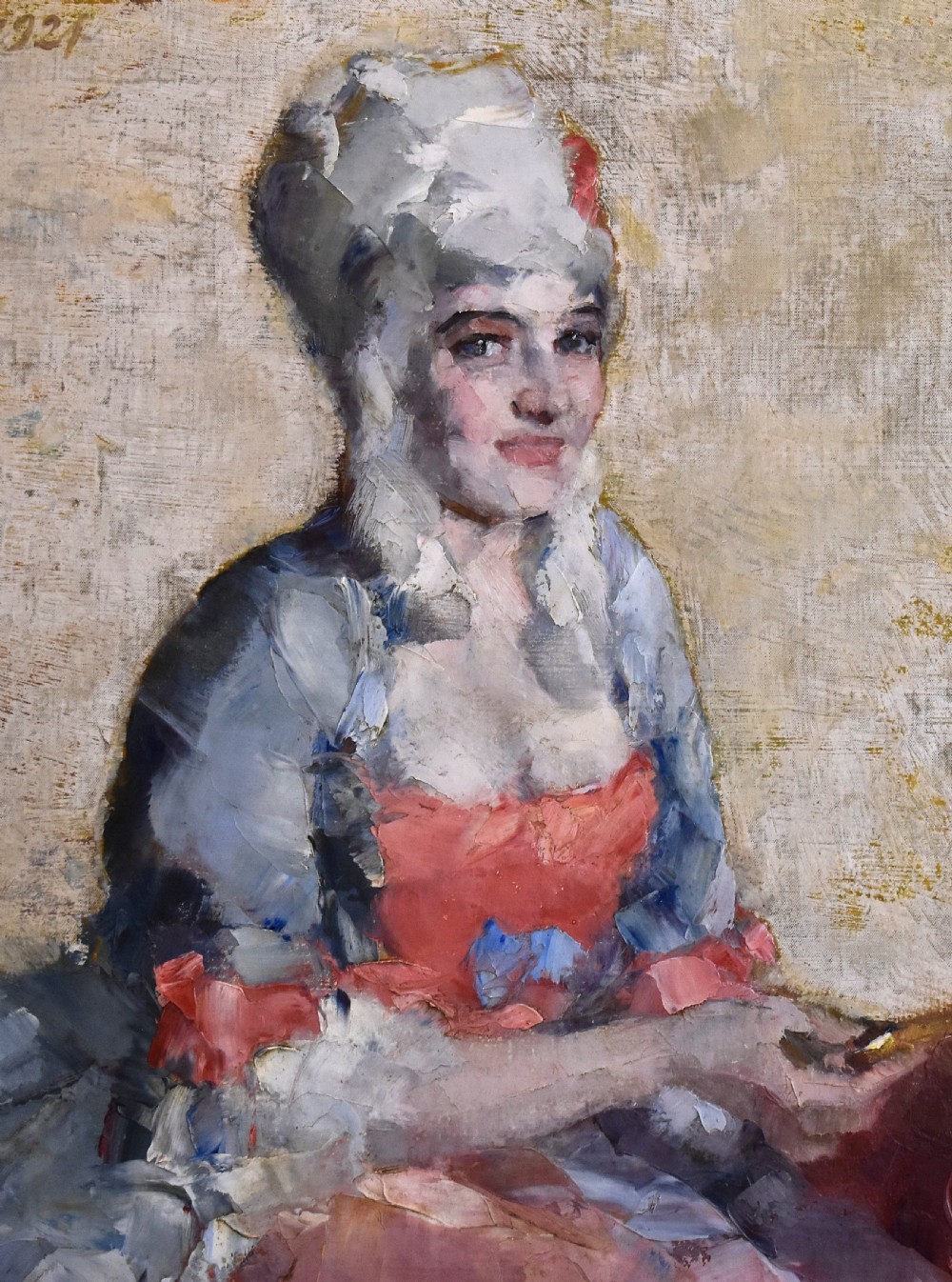 An impressionist oil portrait of a woman in an eighteenth-century costume and wig within an ornate gold giltwood frame. View V
