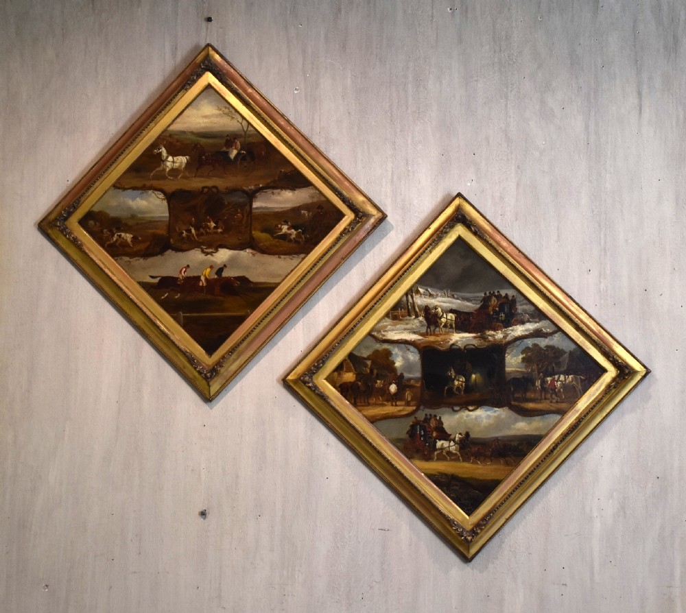Rare pair of sporting oil paintings of horses and dogs