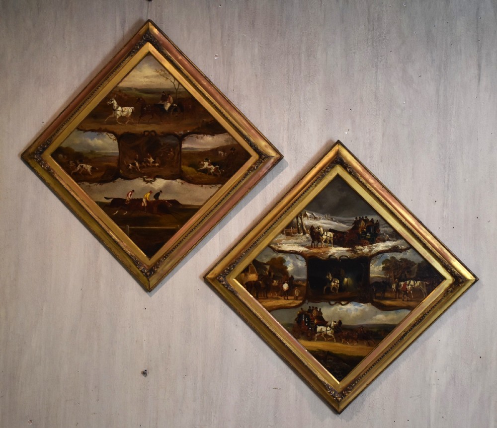 Rare pair of sporting oil paintings of horses and dogs View II