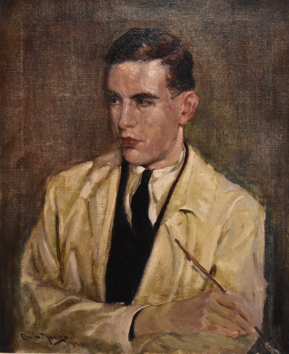 A framed oil painting on canvas depicting a young male artist holding a paintbrush, wearing a cream jacket and dark tie against a muted brown background. View IV