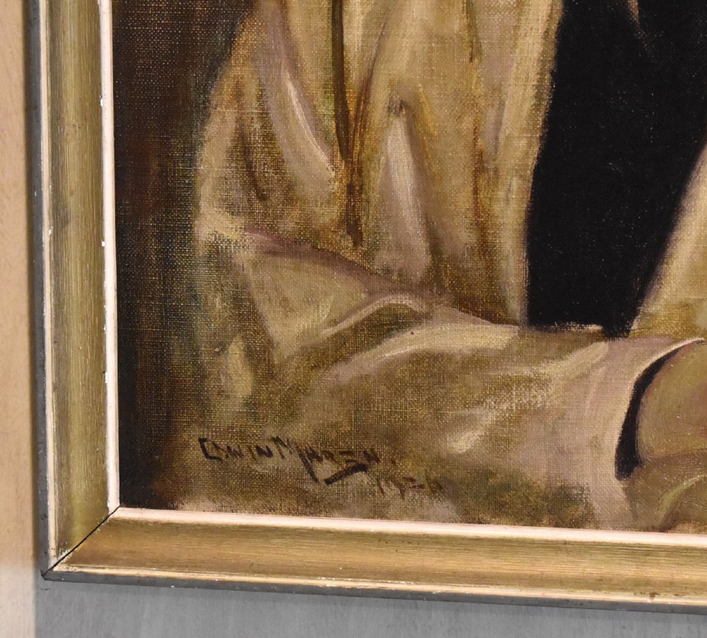A framed oil painting on canvas depicting a young male artist holding a paintbrush, wearing a cream jacket and dark tie against a muted brown background. View V