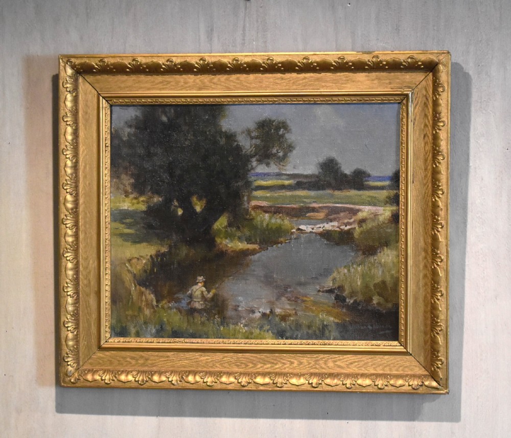 Landscape oil painting with fisherman by Arthur Spooner