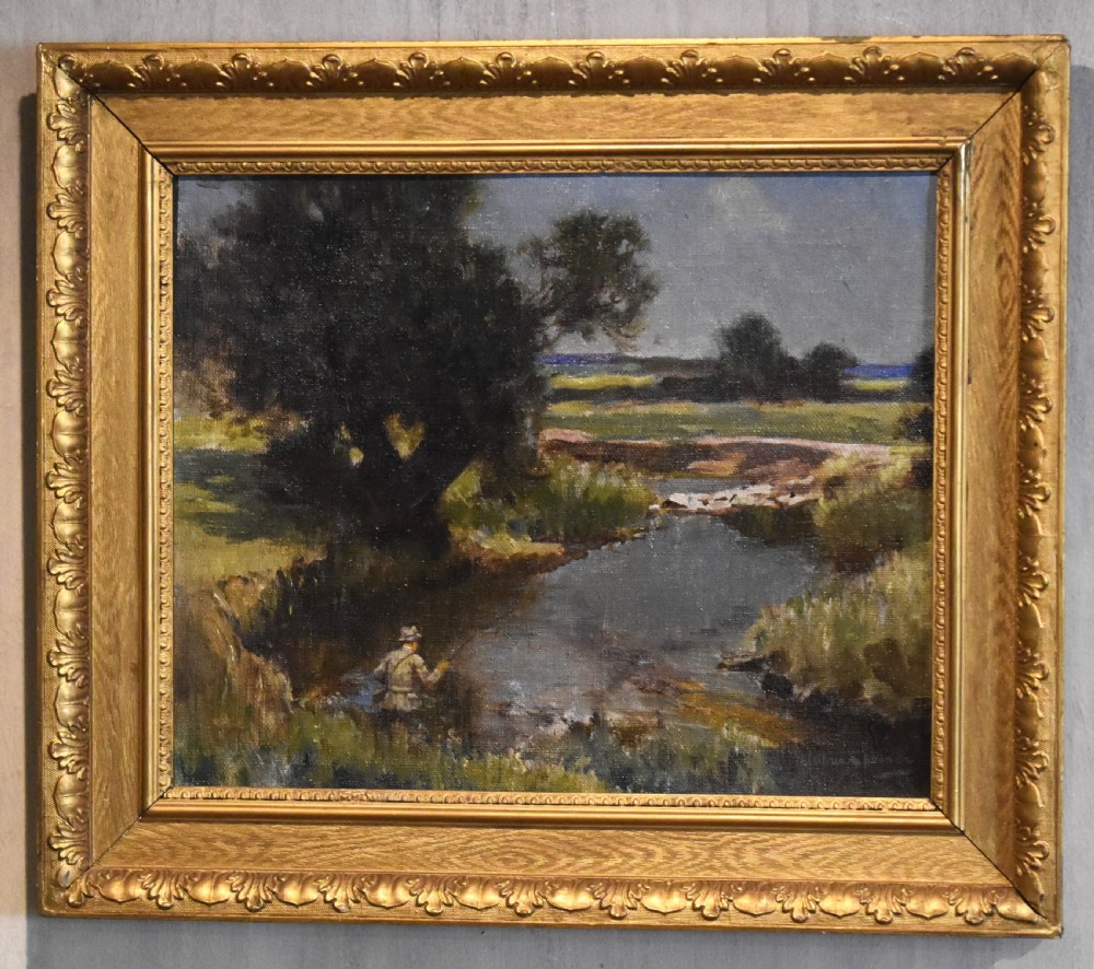 Landscape oil painting with fisherman by Arthur Spooner View II