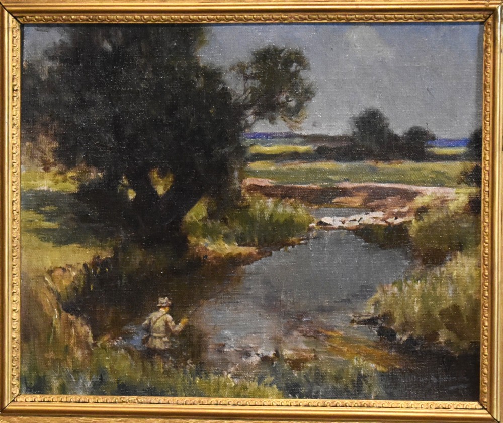 Landscape oil painting with fisherman by Arthur Spooner View III