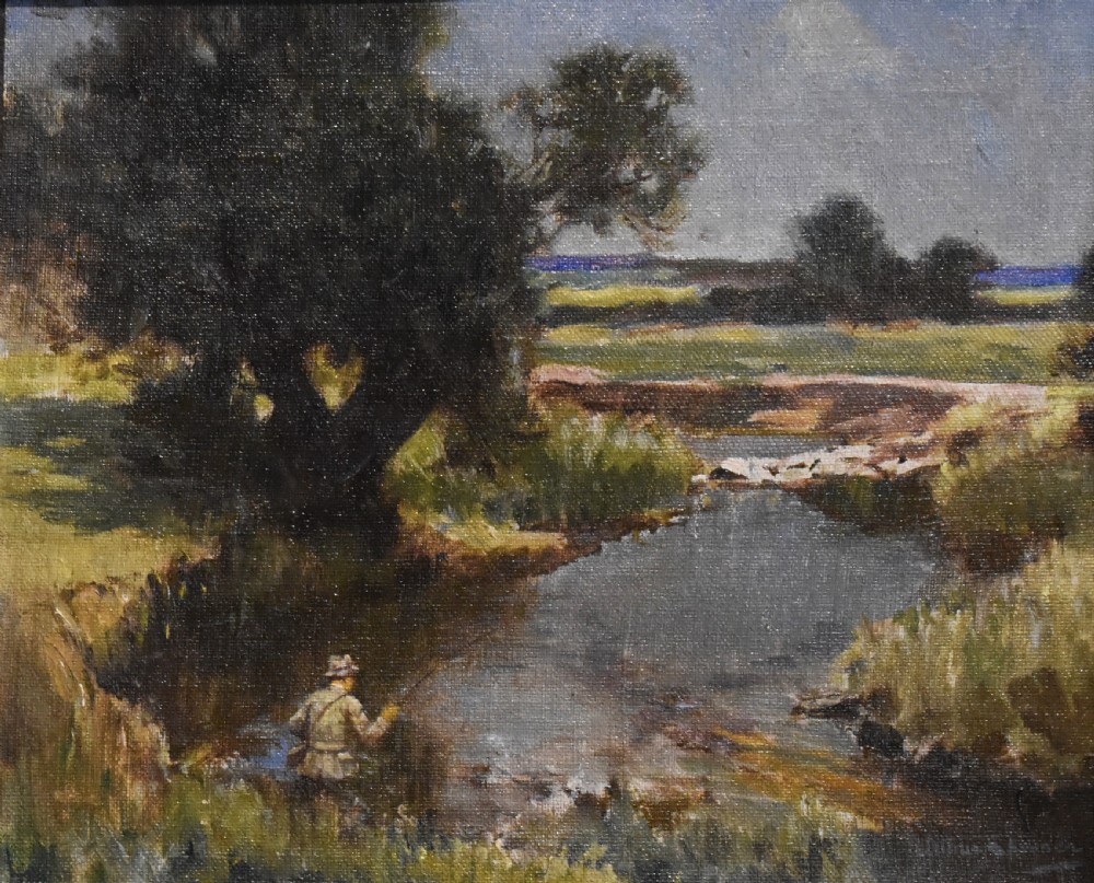 Landscape oil painting with fisherman by Arthur Spooner View IV