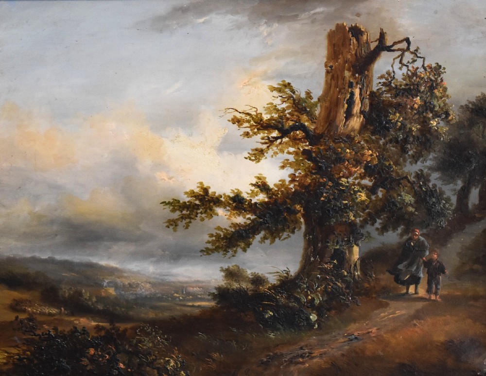 A nineteenth-century French oil painting depicting figures beside a prominent oak tree in a atmospheric rural landscape, presented in a ornate gilded gesso frame. View IV