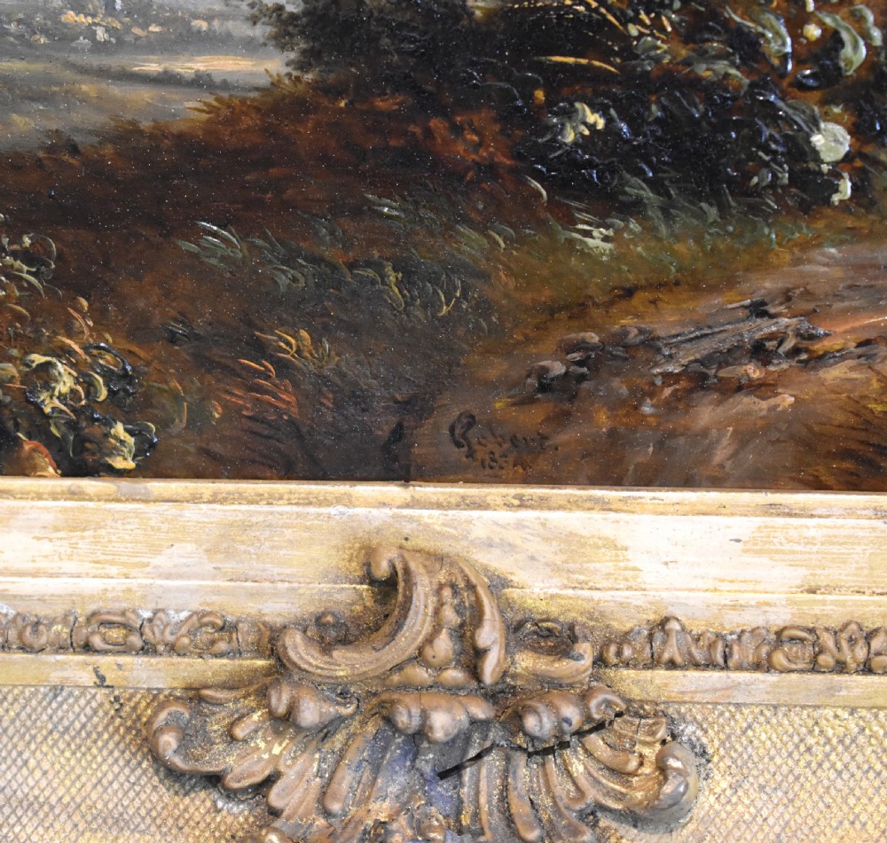 A nineteenth-century French oil painting depicting figures beside a prominent oak tree in a atmospheric rural landscape, presented in a ornate gilded gesso frame. View V