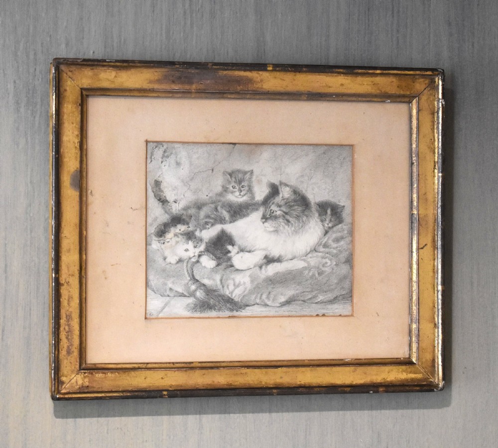 Victorian drawing of a cat with kittens