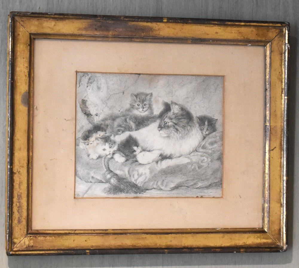 Victorian drawing of a cat with kittens View II