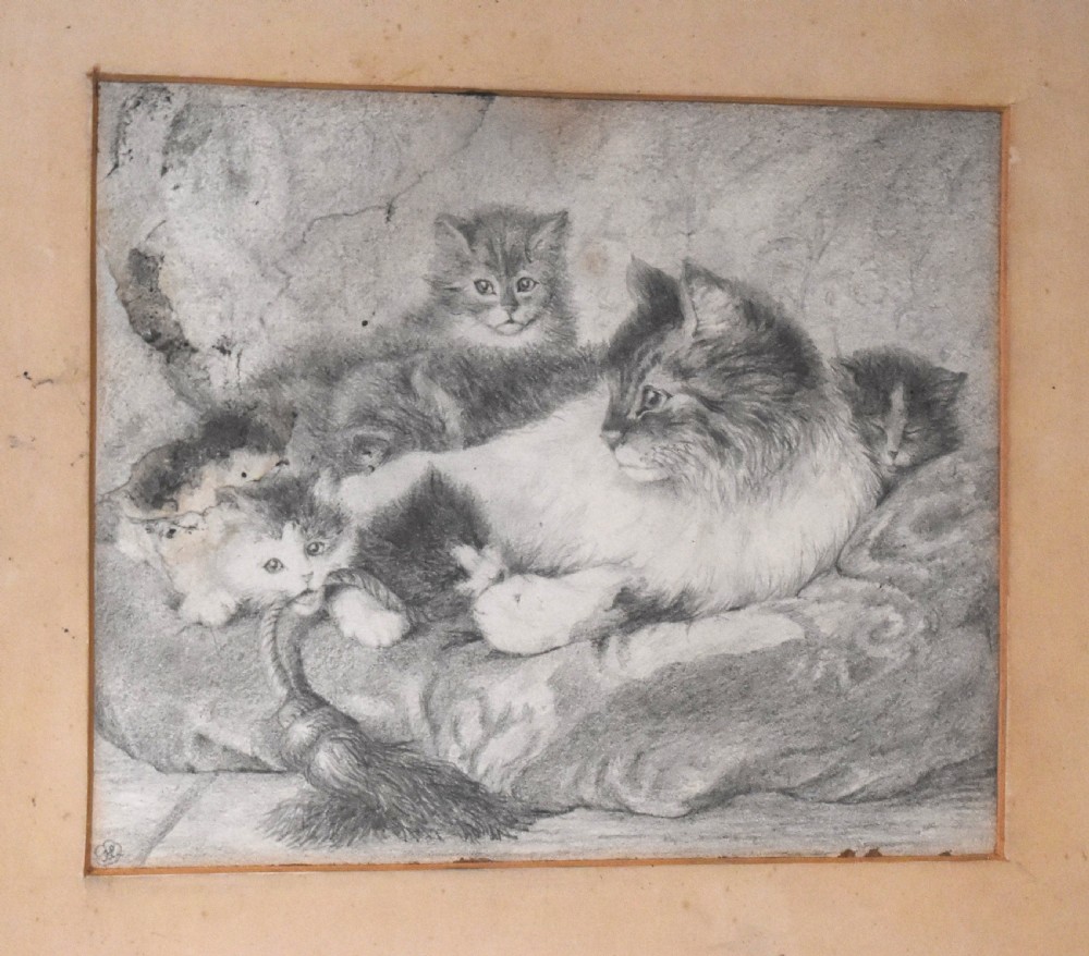 Victorian drawing of a cat with kittens View III