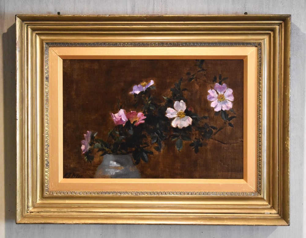 Still life oil painting of dog roses by Henry George Moon