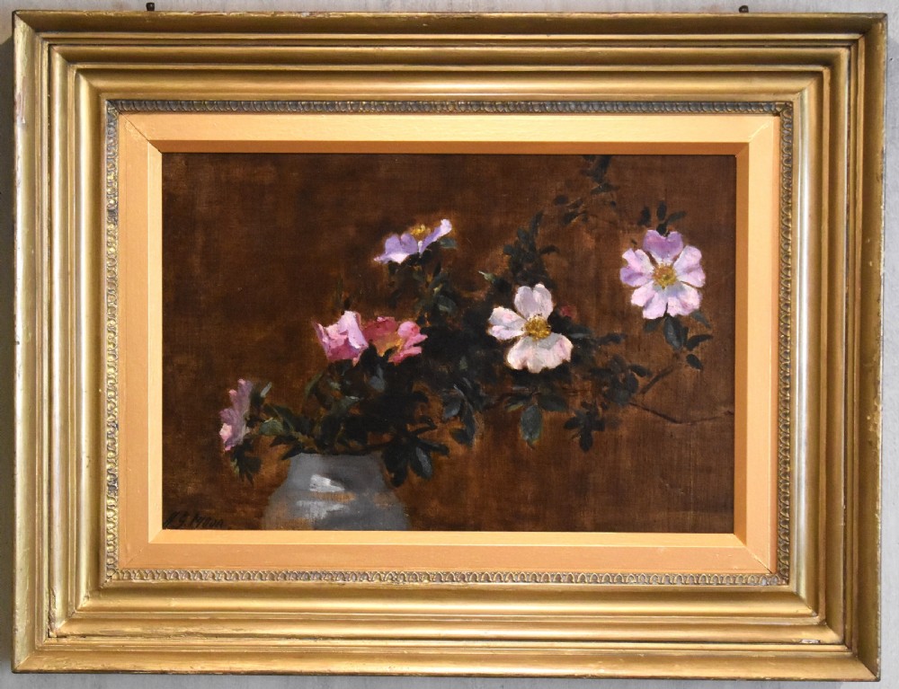 Still life oil painting of dog roses by Henry George Moon View II