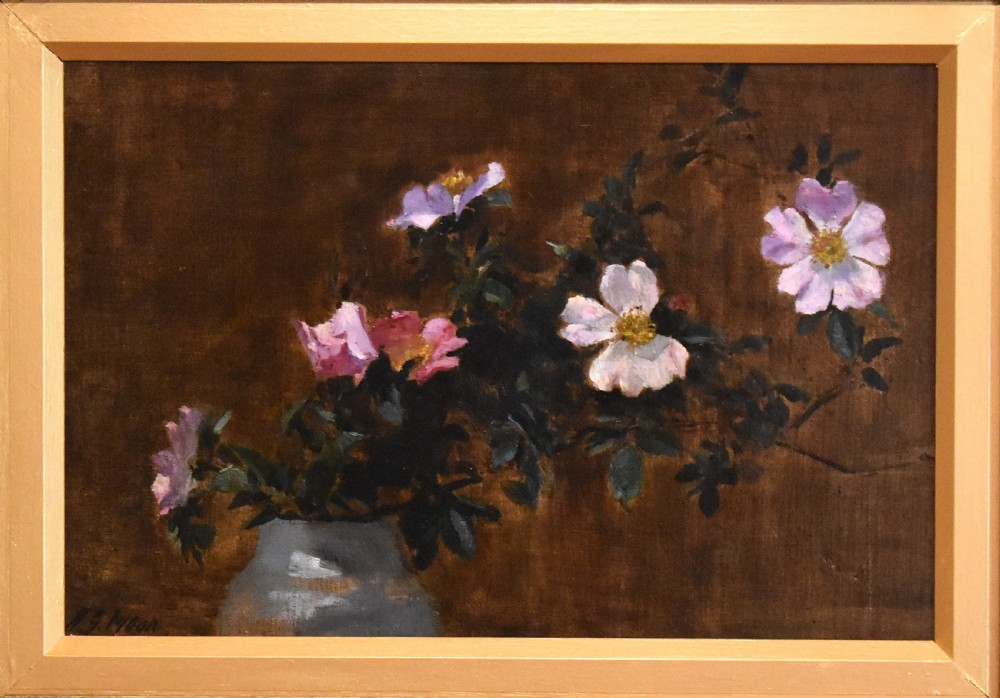 Still life oil painting of dog roses by Henry George Moon View III