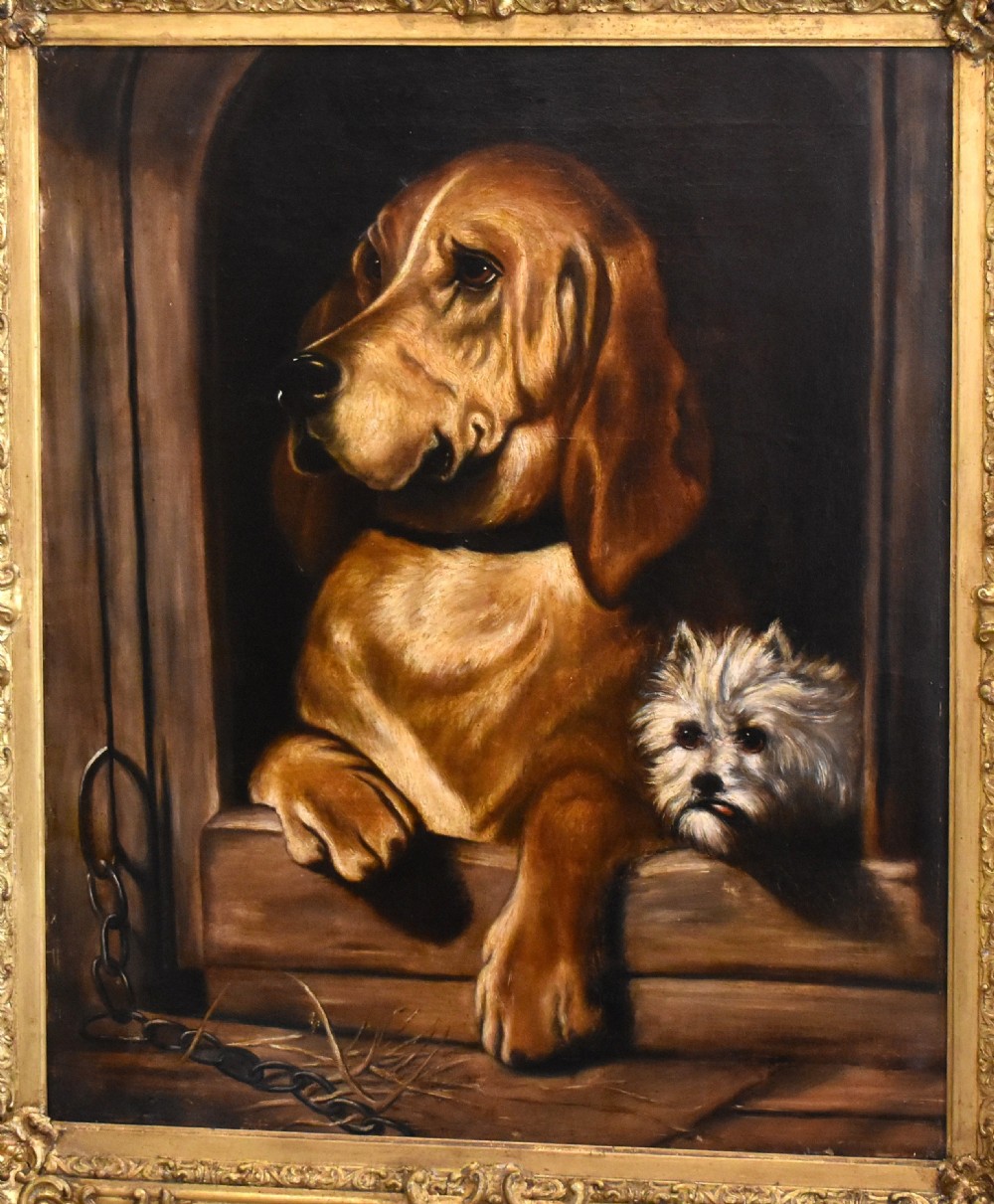 An oil painting depicting a large brown hound and a small white terrier peering from a dark wooden structure within a carved gold frame. View IV