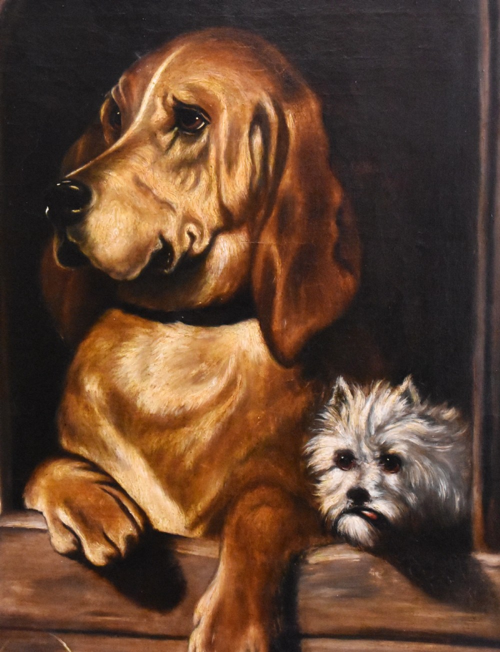 An oil painting depicting a large brown hound and a small white terrier peering from a dark wooden structure within a carved gold frame. View VI