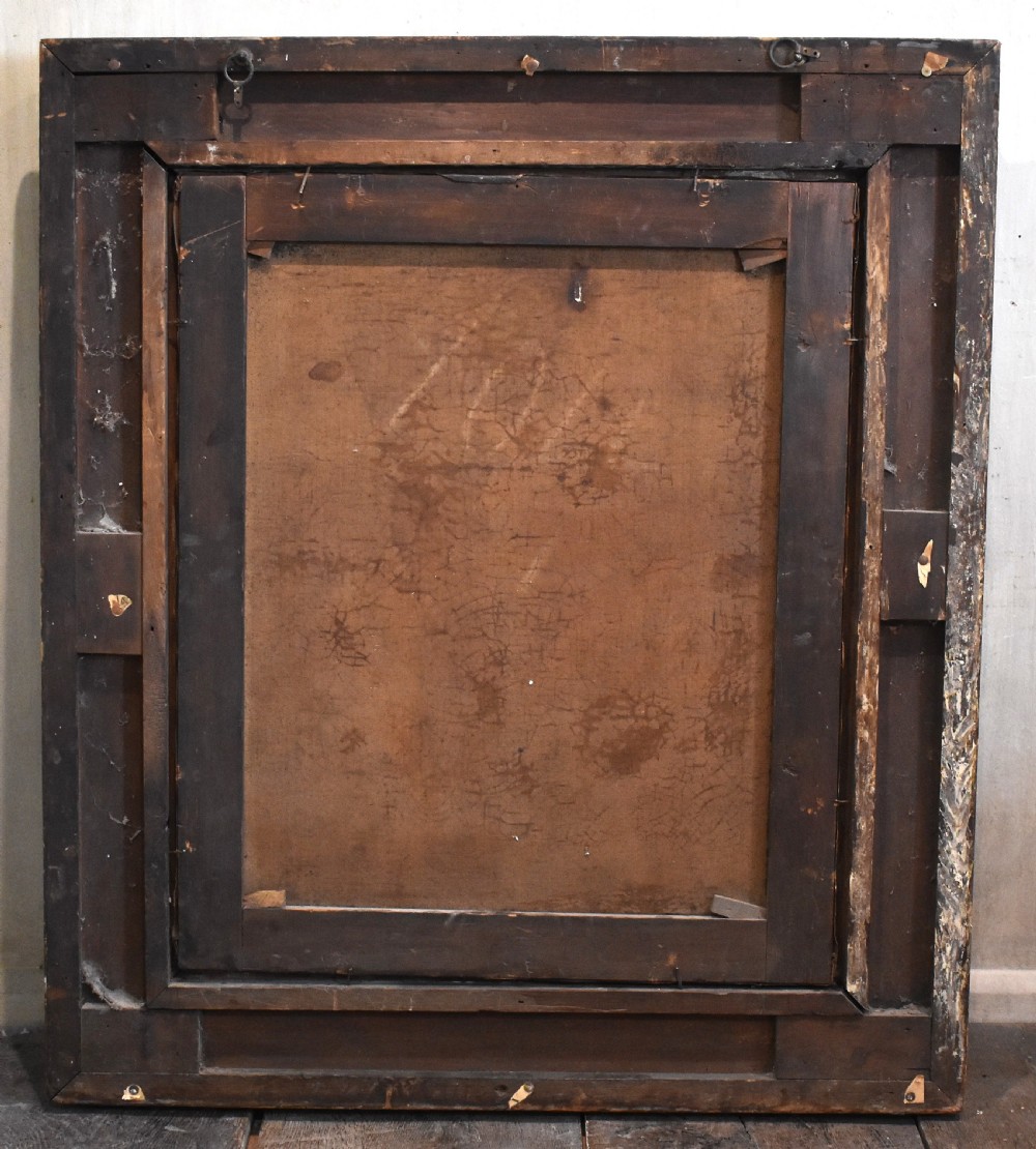 An oil painting depicting a large brown hound and a small white terrier peering from a dark wooden structure within a carved gold frame. View VII