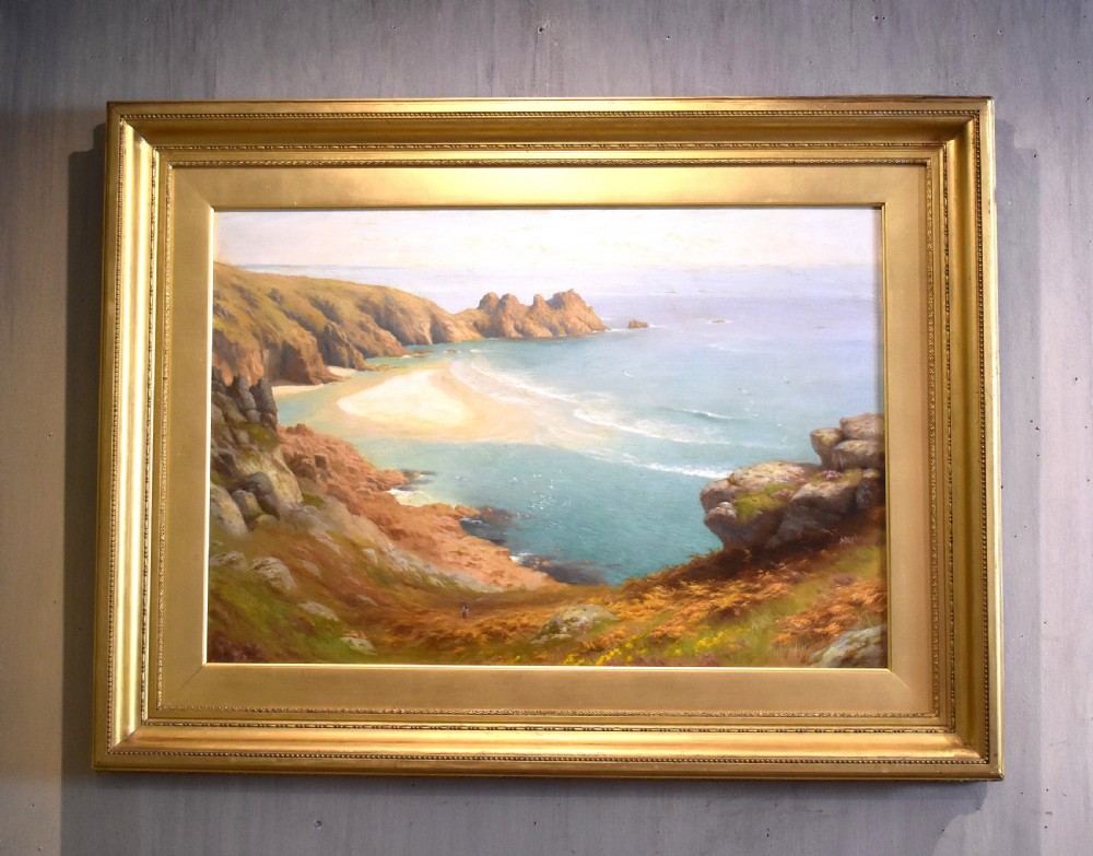 Superb landscape oil painting of Pedn Vounder Beach, Cornwall by Albert Starling 1858-1947