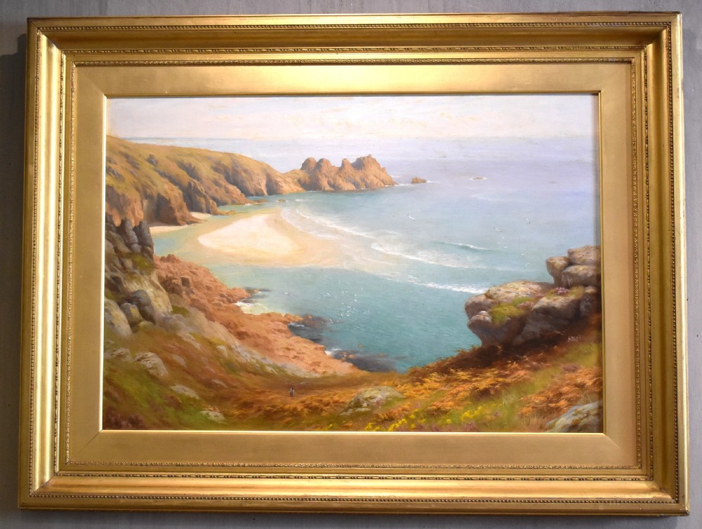 Superb landscape oil painting of Pedn Vounder Beach, Cornwall by Albert Starling 1858-1947 View II