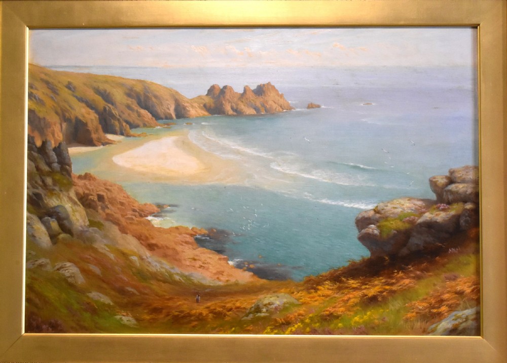 Superb landscape oil painting of Pedn Vounder Beach, Cornwall by Albert Starling 1858-1947 View III
