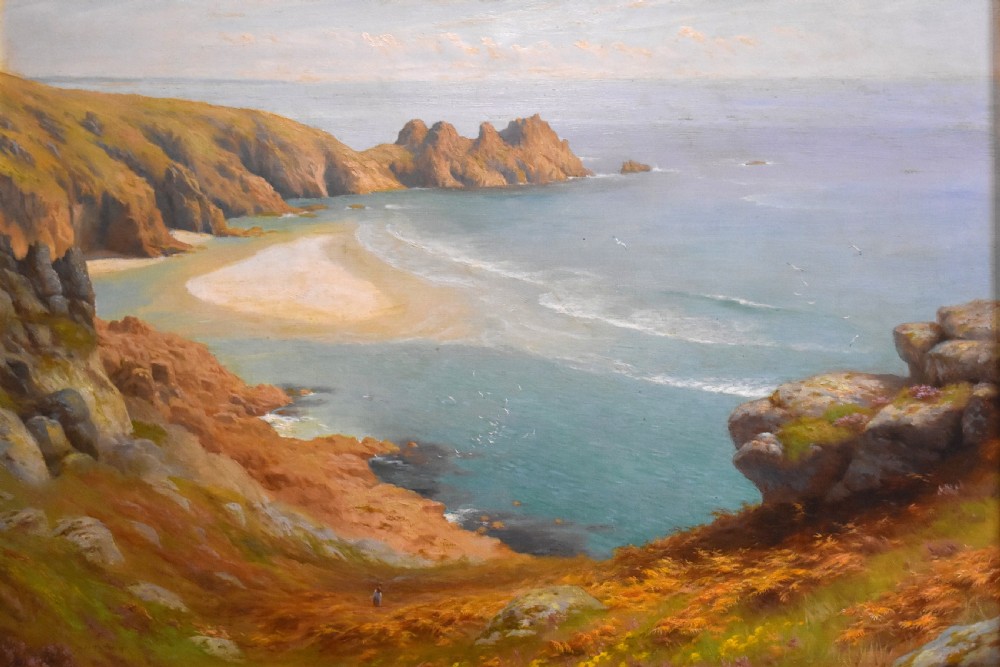 Superb landscape oil painting of Pedn Vounder Beach, Cornwall by Albert Starling 1858-1947 View IV