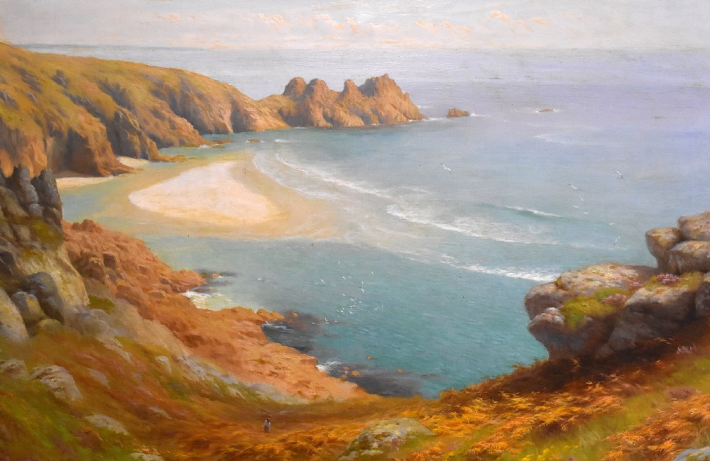 Superb landscape oil painting of Pedn Vounder Beach, Cornwall by Albert Starling 1858-1947 View V