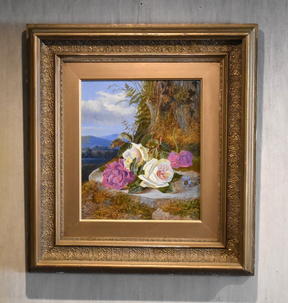 Still life oil painting of roses by Charles Archer 1855-1931