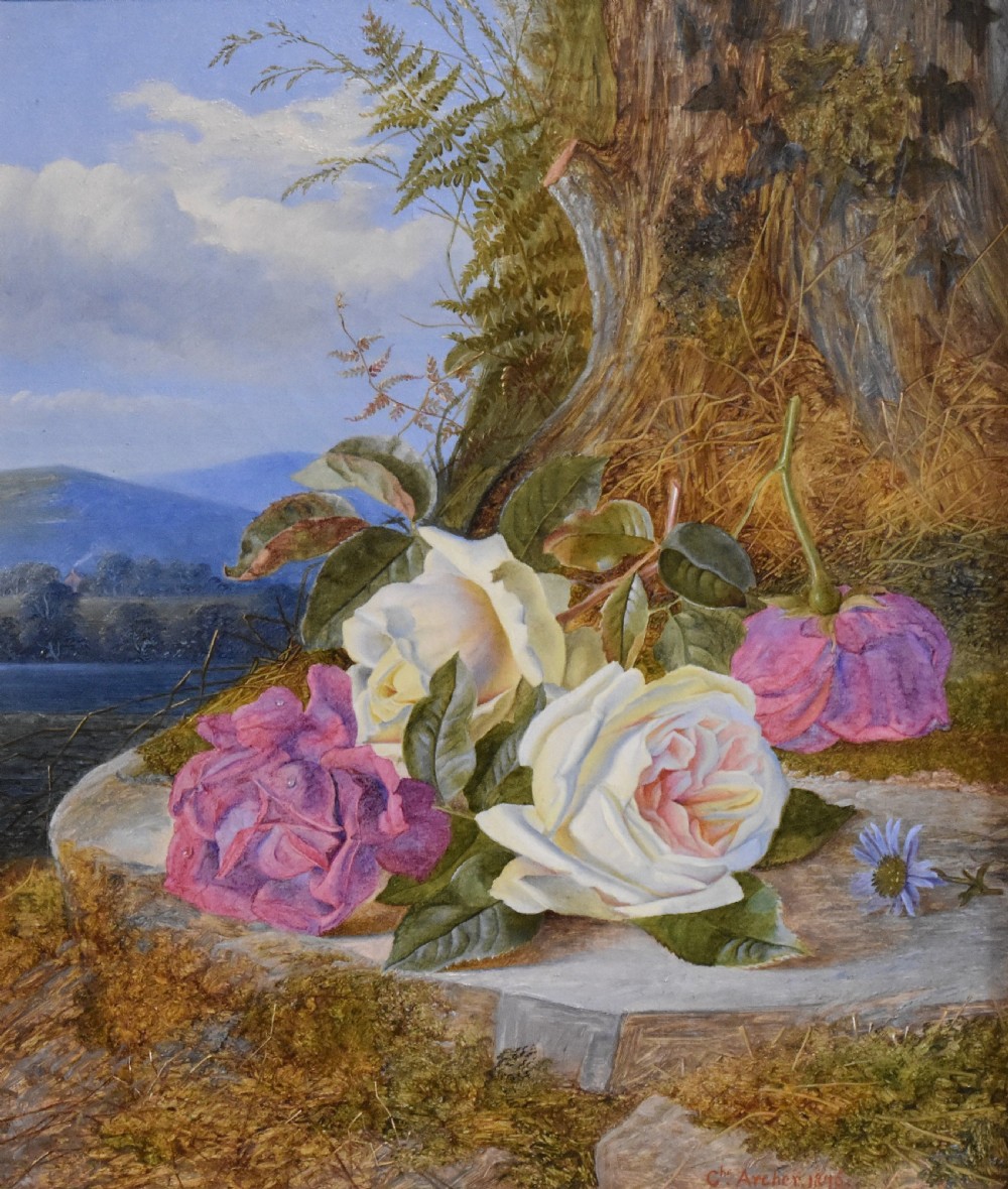 Still life oil painting of roses by Charles Archer 1855-1931 View V