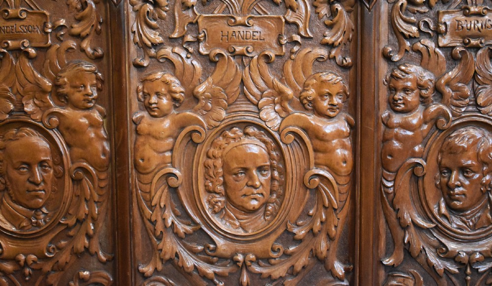 Superb large carving depicting famous composers, writers and poets View V