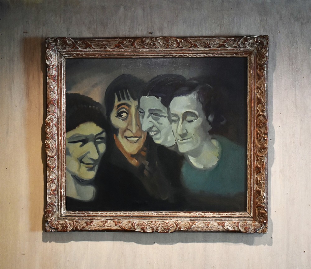 An Art Deco oil painting depicting four stylised figures side-by-side, framed in an ornate carved wooden frame.