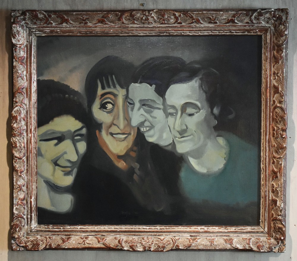 An Art Deco oil painting depicting four stylised figures side-by-side, framed in an ornate carved wooden frame. View II