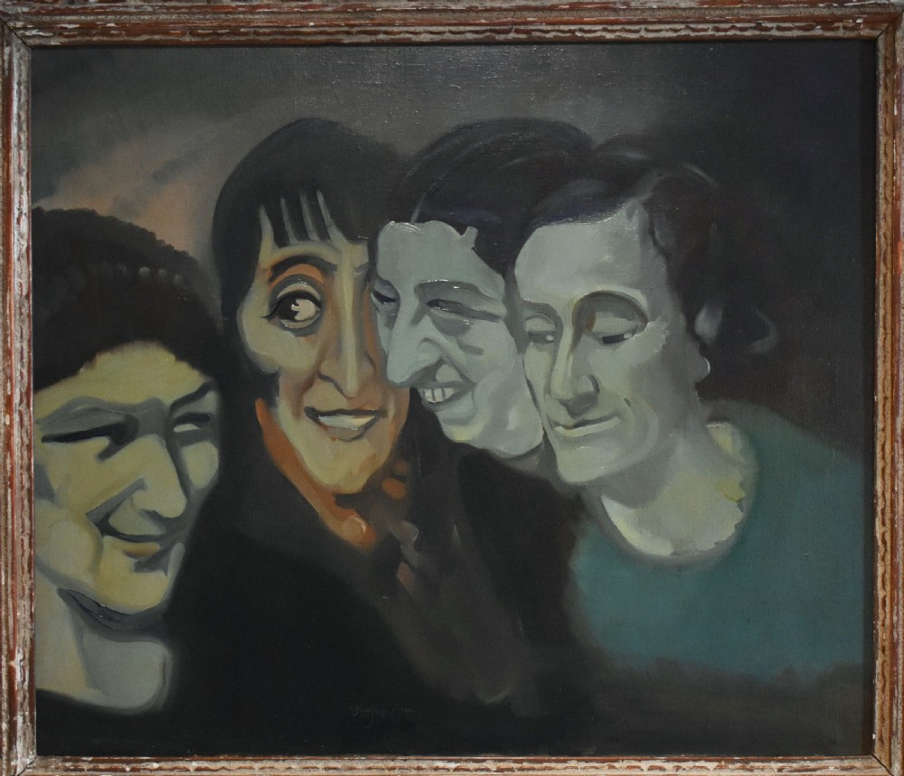 An Art Deco oil painting depicting four stylised figures side-by-side, framed in an ornate carved wooden frame. View III