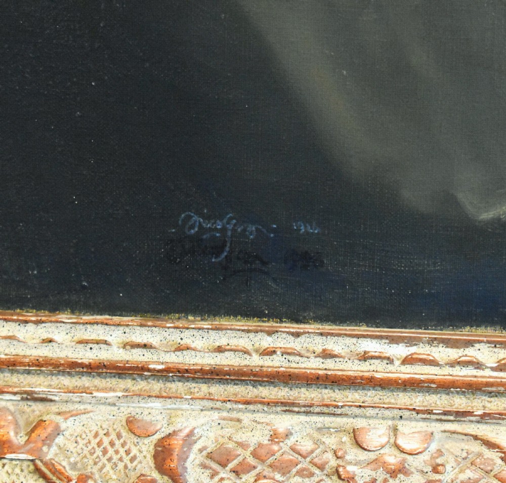 An Art Deco oil painting depicting four stylised figures side-by-side, framed in an ornate carved wooden frame. View IV