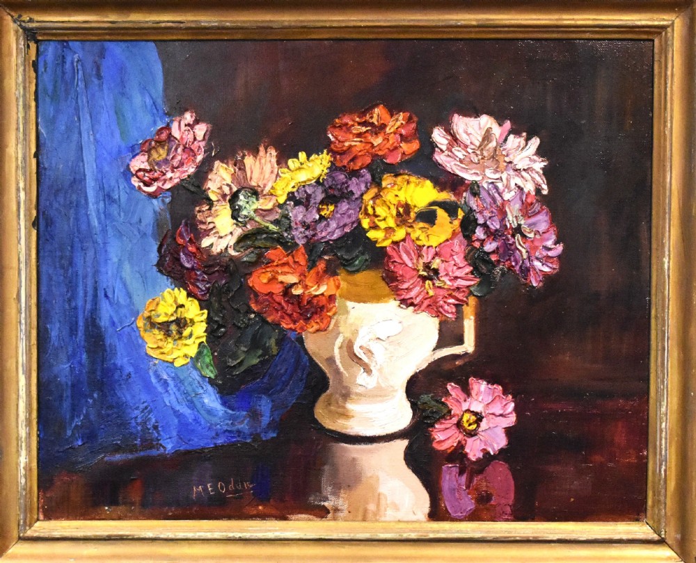 A framed oil painting featuring a vase filled with colourful flowers beside a draped blue cloth set against a dark background. View III