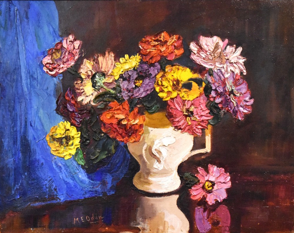 A framed oil painting featuring a vase filled with colourful flowers beside a draped blue cloth set against a dark background. View IV
