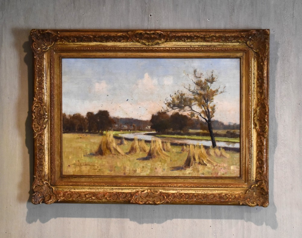 Oil painting last of the stooks by Tom Robertson 1850-1947
