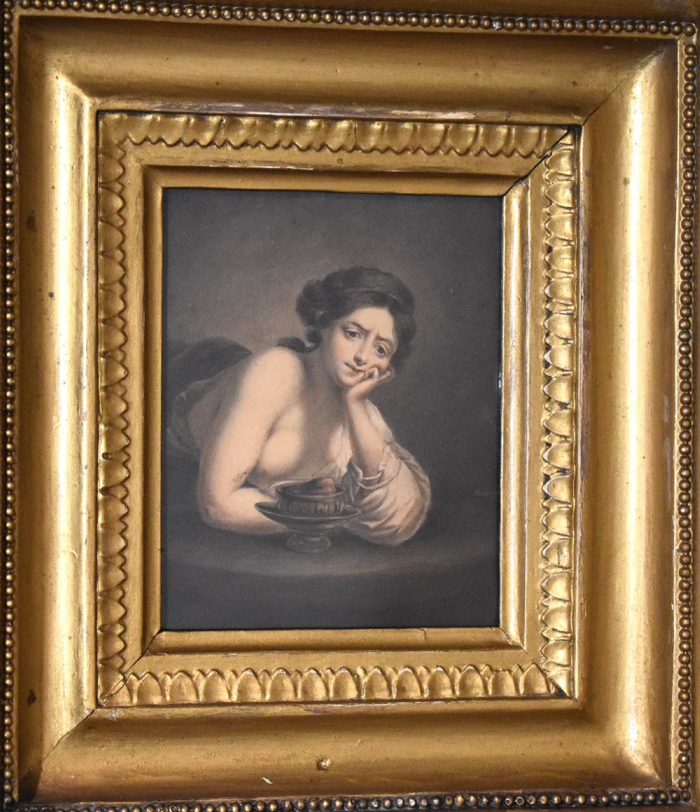 A Georgian watercolour portrait depicting a female figure resting her face on her hand, enclosed within a deep gilded wood frame. View III