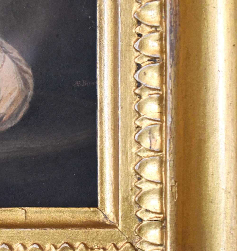 A Georgian watercolour portrait depicting a female figure resting her face on her hand, enclosed within a deep gilded wood frame. View V
