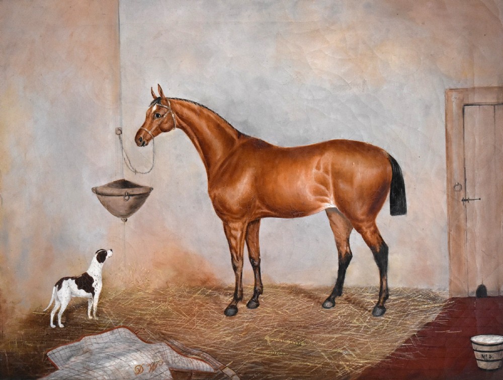 An antique oil painting depicting a chestnut horse and a small dog inside a stable setting, presented in a polished timber frame with a gold inner slip. View IV