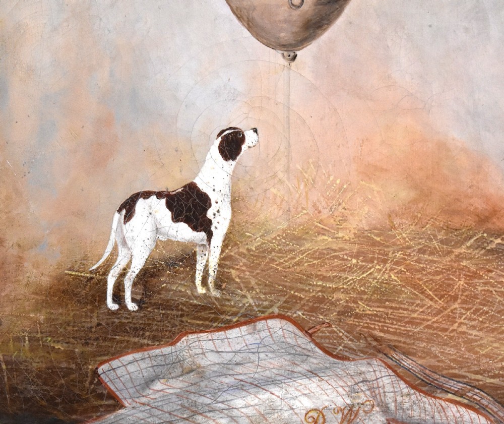 An antique oil painting depicting a chestnut horse and a small dog inside a stable setting, presented in a polished timber frame with a gold inner slip. View VI