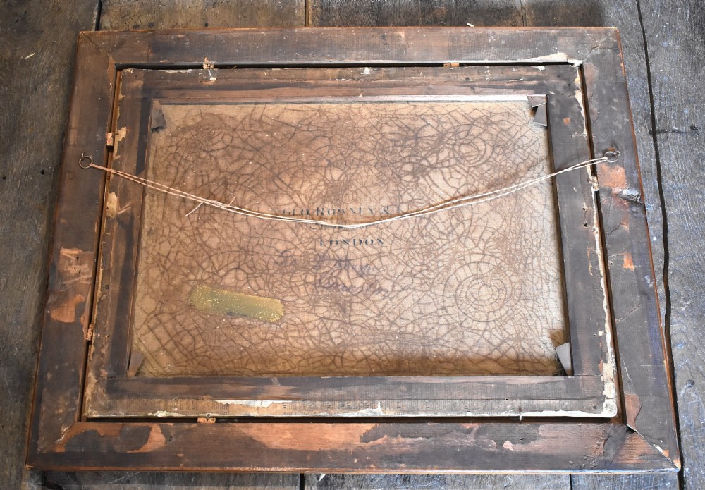 An antique oil painting depicting a chestnut horse and a small dog inside a stable setting, presented in a polished timber frame with a gold inner slip. View VII