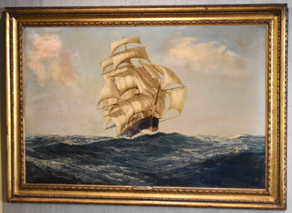 An oil painting depicting a multi-masted clipper ship navigating ocean waves, presented within a gilded wooden frame. View II