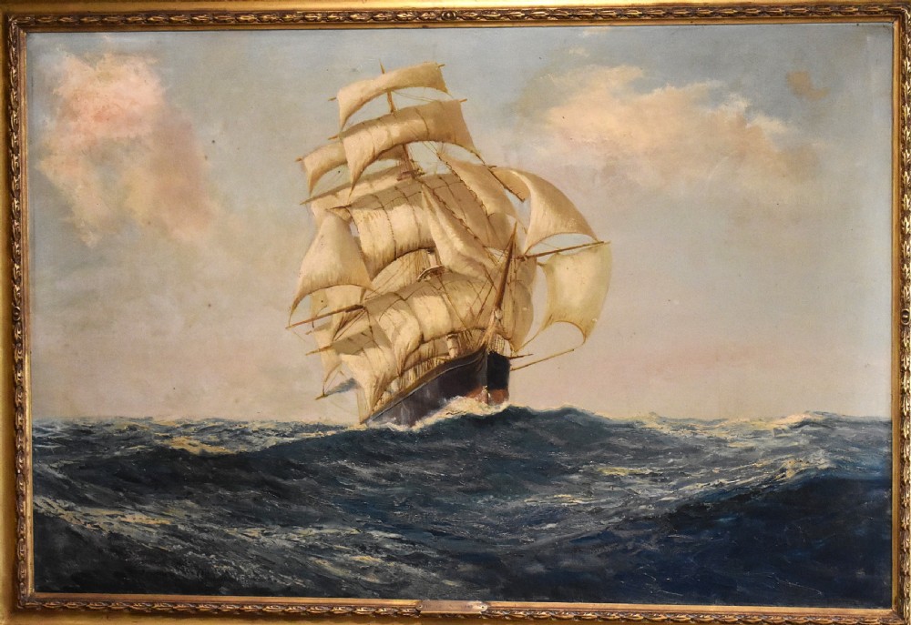 An oil painting depicting a multi-masted clipper ship navigating ocean waves, presented within a gilded wooden frame. View III