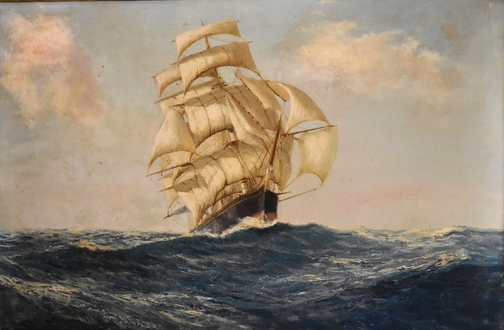 An oil painting depicting a multi-masted clipper ship navigating ocean waves, presented within a gilded wooden frame. View IV