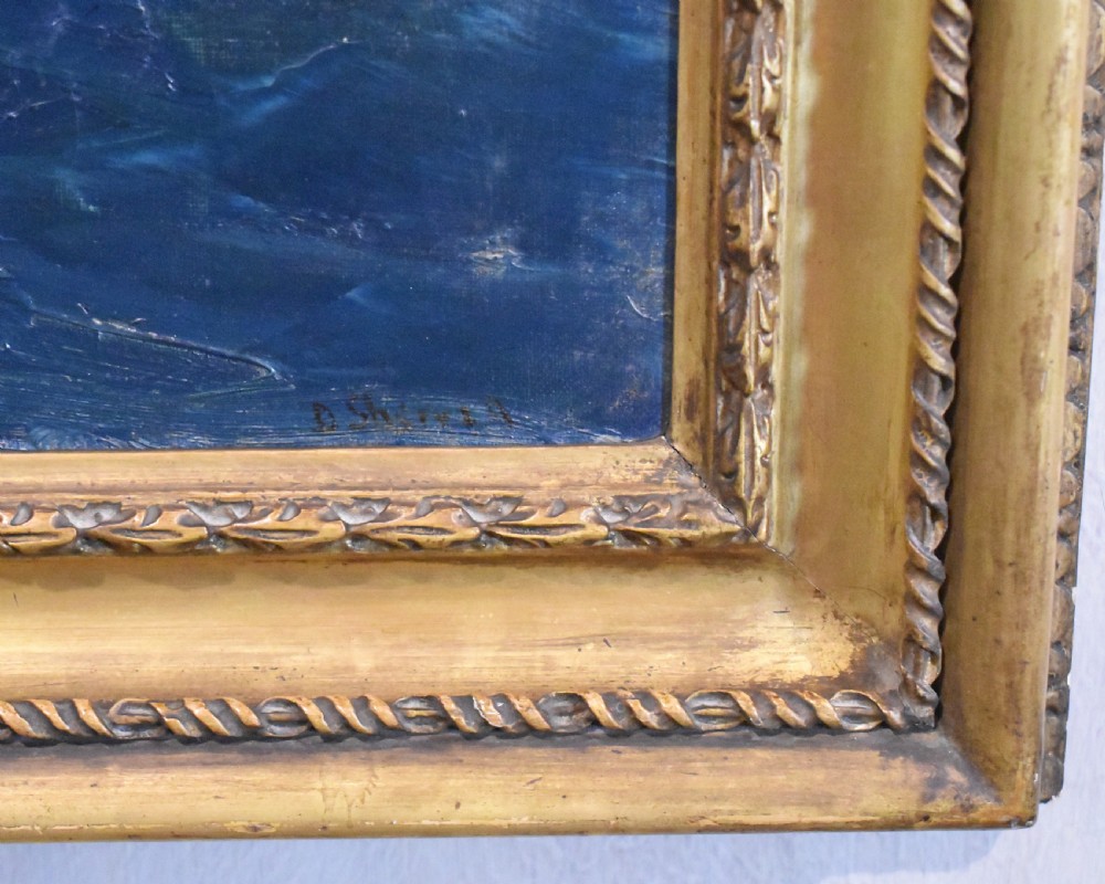 An oil painting depicting a multi-masted clipper ship navigating ocean waves, presented within a gilded wooden frame. View V