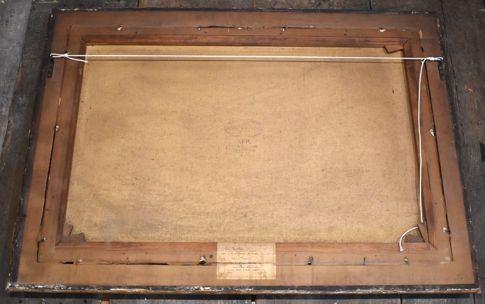 An oil painting depicting a multi-masted clipper ship navigating ocean waves, presented within a gilded wooden frame. View VI