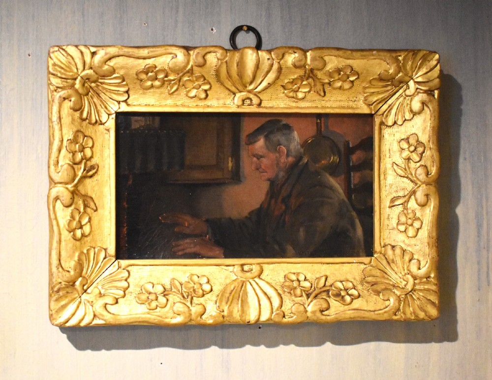 Oil painting titled ‘Grateful Warmth’ by Walter Farmer 1870-1947